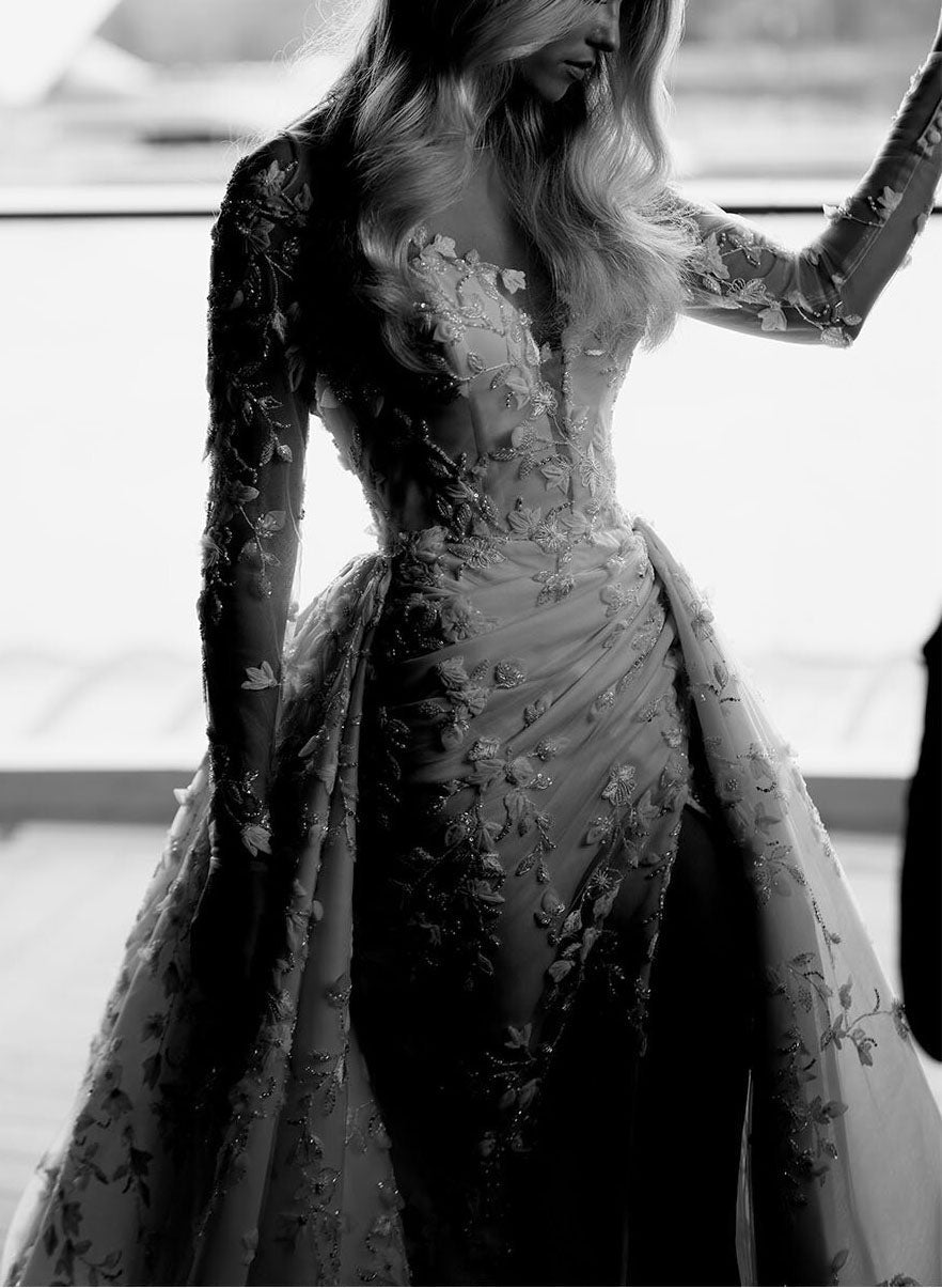 Deep V-Neck Long-Sleeves Sequined 3D-Floral Applique Chiffon Mermaid Wedding Dress