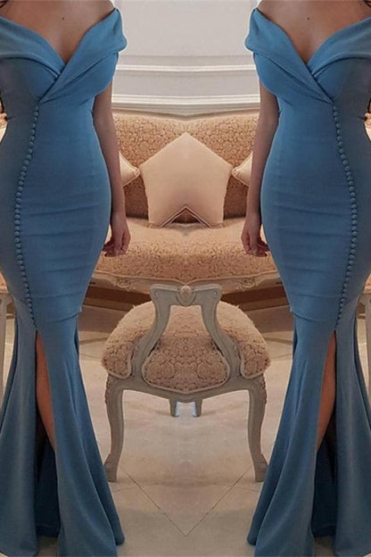 Elegant Off-the-Shoulder Slit Mermaid Buttons Evening Dress Long On Sale