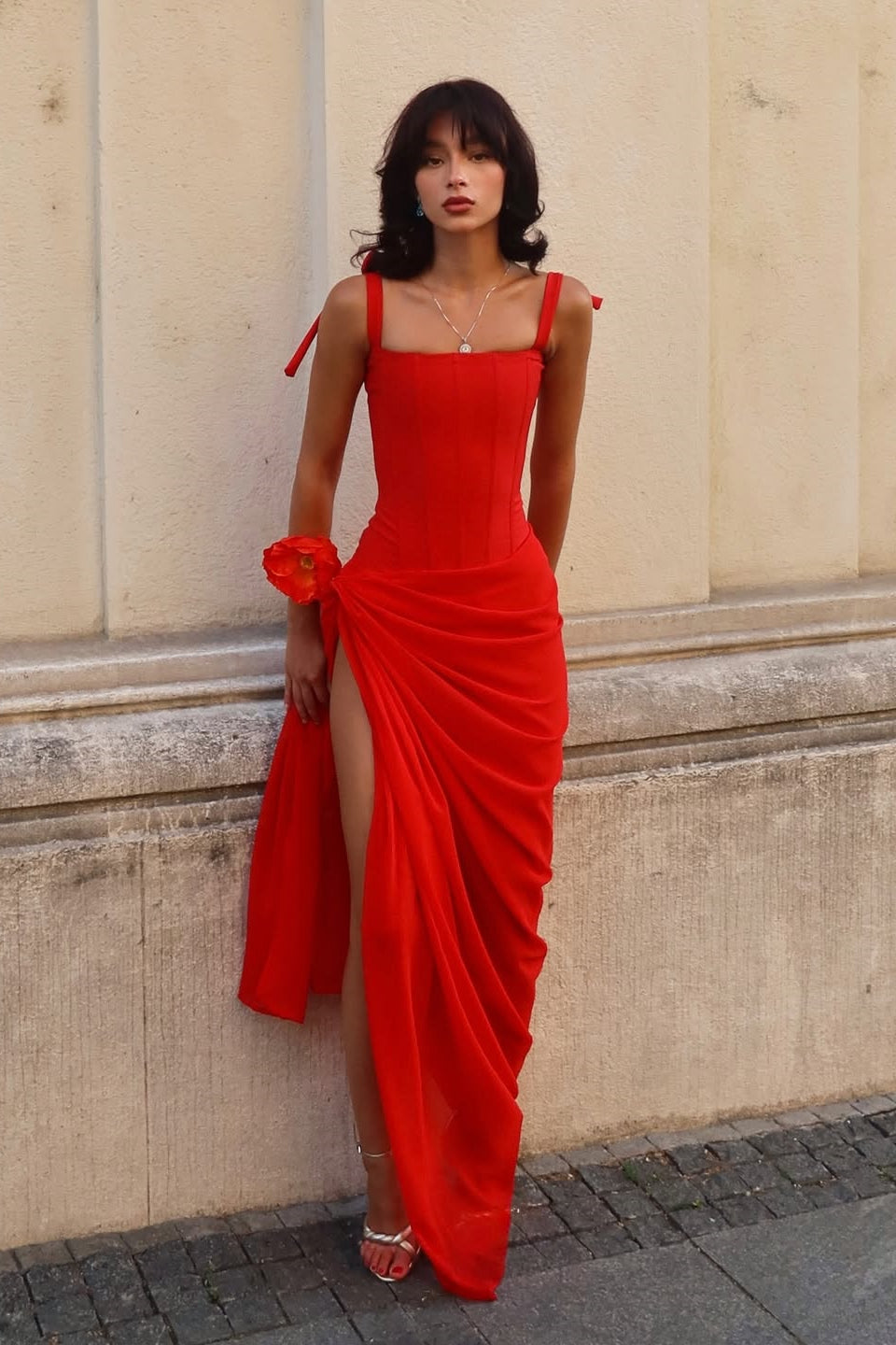 Elegant Red Square Straps Chiffon Prom Dress