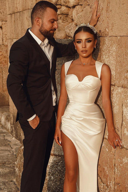 Elegant Sleeveless Straps Ivory High split Sweetheart Wedding Dress