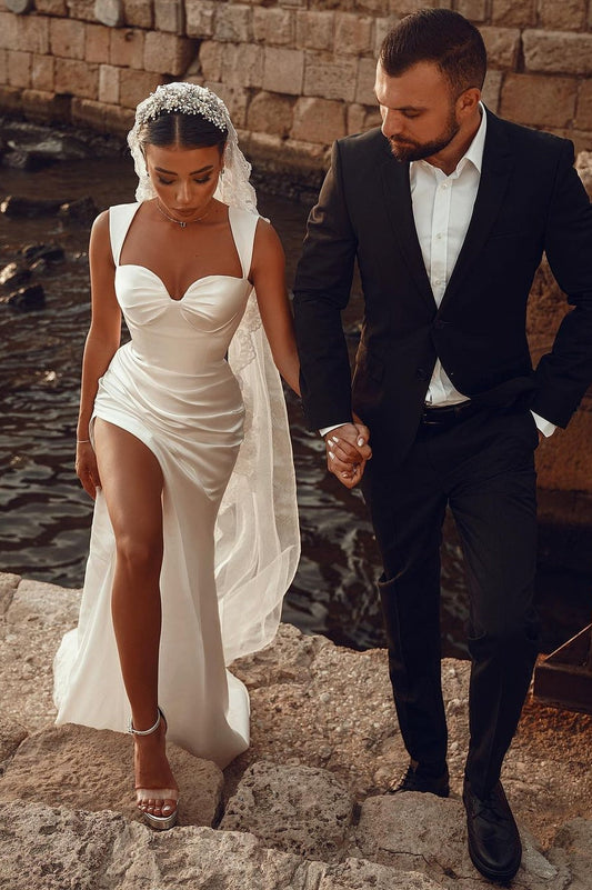 Elegant Sleeveless Straps Ivory High split Sweetheart Wedding Dress