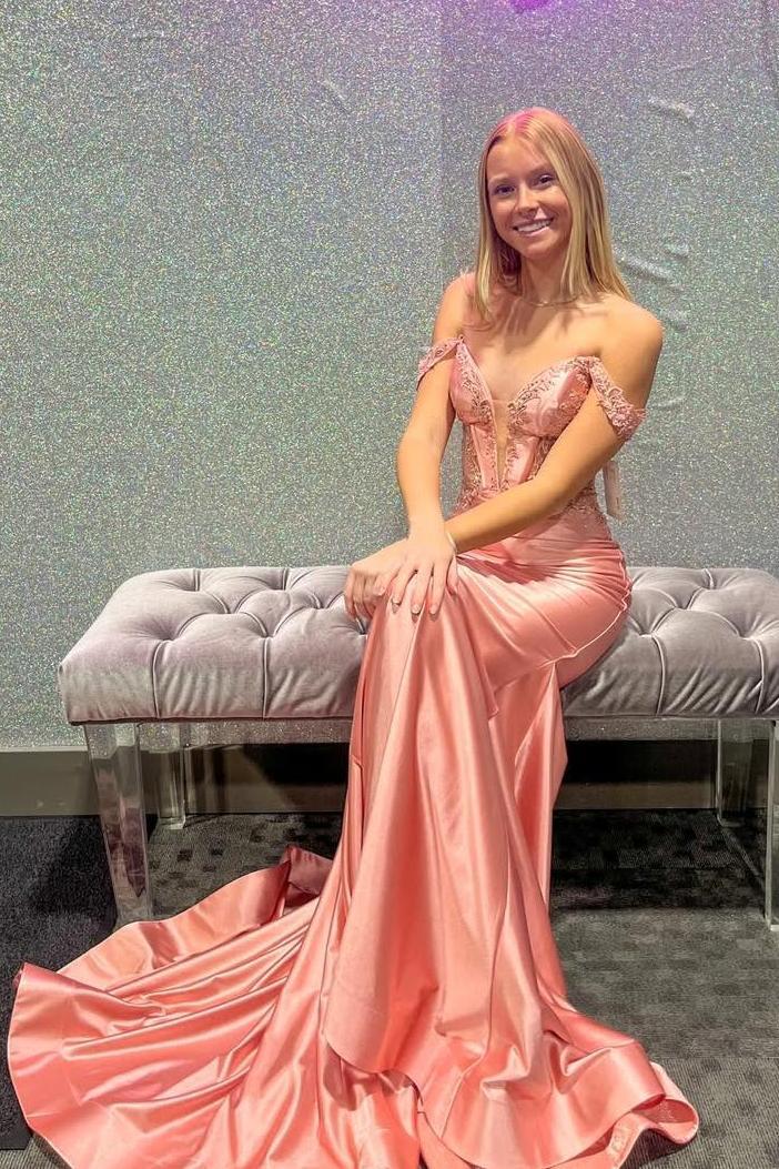 Off the Shoulder Sage Green Appliques Satin Mermaid Prom Dress