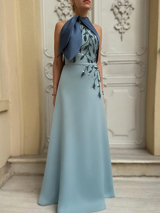 Sleeveless Sequins Applique A-Line Floor-Length Evening Dress