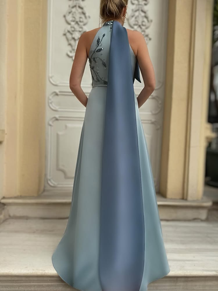 Sleeveless Sequins Applique A-Line Floor-Length Evening Dress