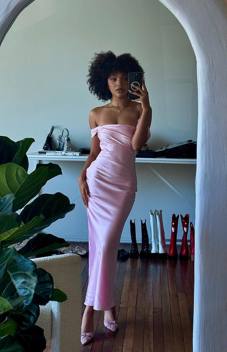 Light Pink Off Shoulder Formal Maxi Dress