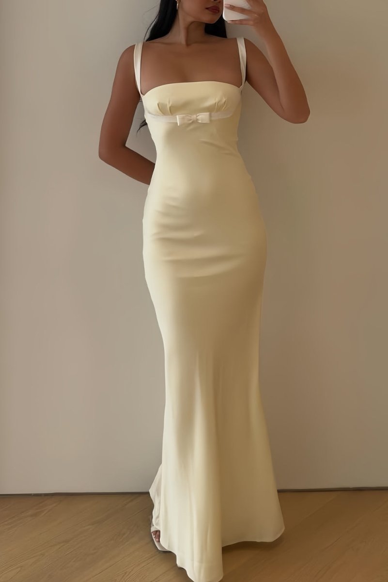 Square Neck Mermaid Satin Long Prom Dresses With Bowknot