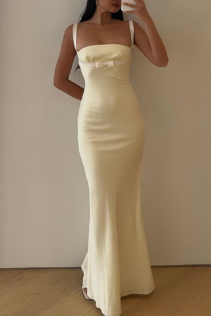 Square Neck Mermaid Satin Long Prom Dresses With Bowknot