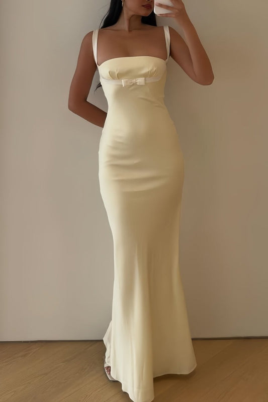 Square Neck Mermaid Satin Long Prom Dresses With Bowknot