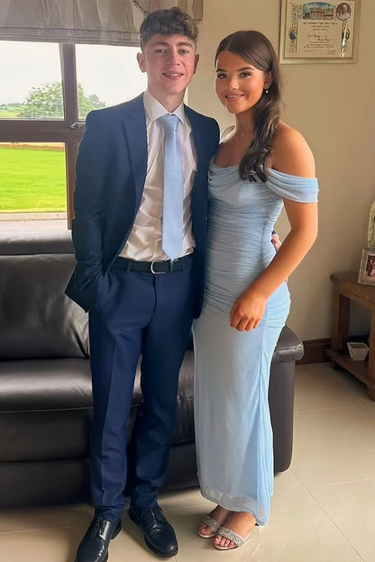 Sheath Off-Shoulder Tulle Pleated Long Prom Dresses