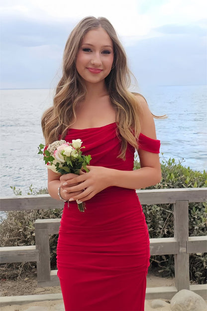 Sheath Off-Shoulder Tulle Pleated Long Prom Dresses