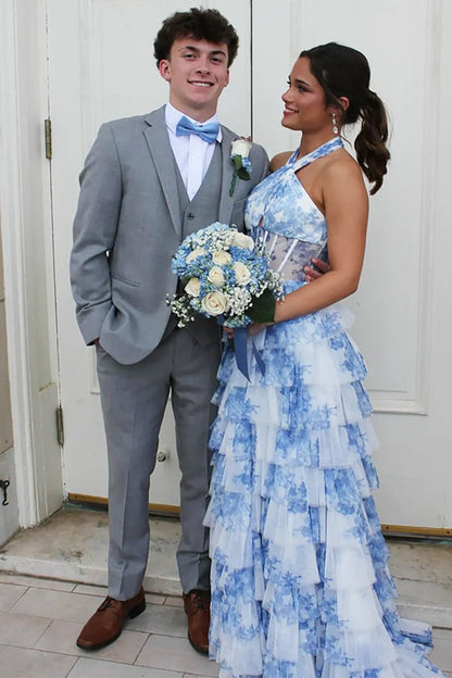 A-Line Prom Dress Sleeveless Print-Chiffon Pleated Tiered Party Gowns