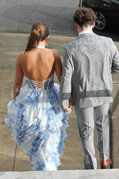 A-Line Prom Dress Sleeveless Print-Chiffon Pleated Tiered Party Gowns