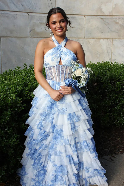 A-Line Prom Dress Sleeveless Print-Chiffon Pleated Tiered Party Gowns