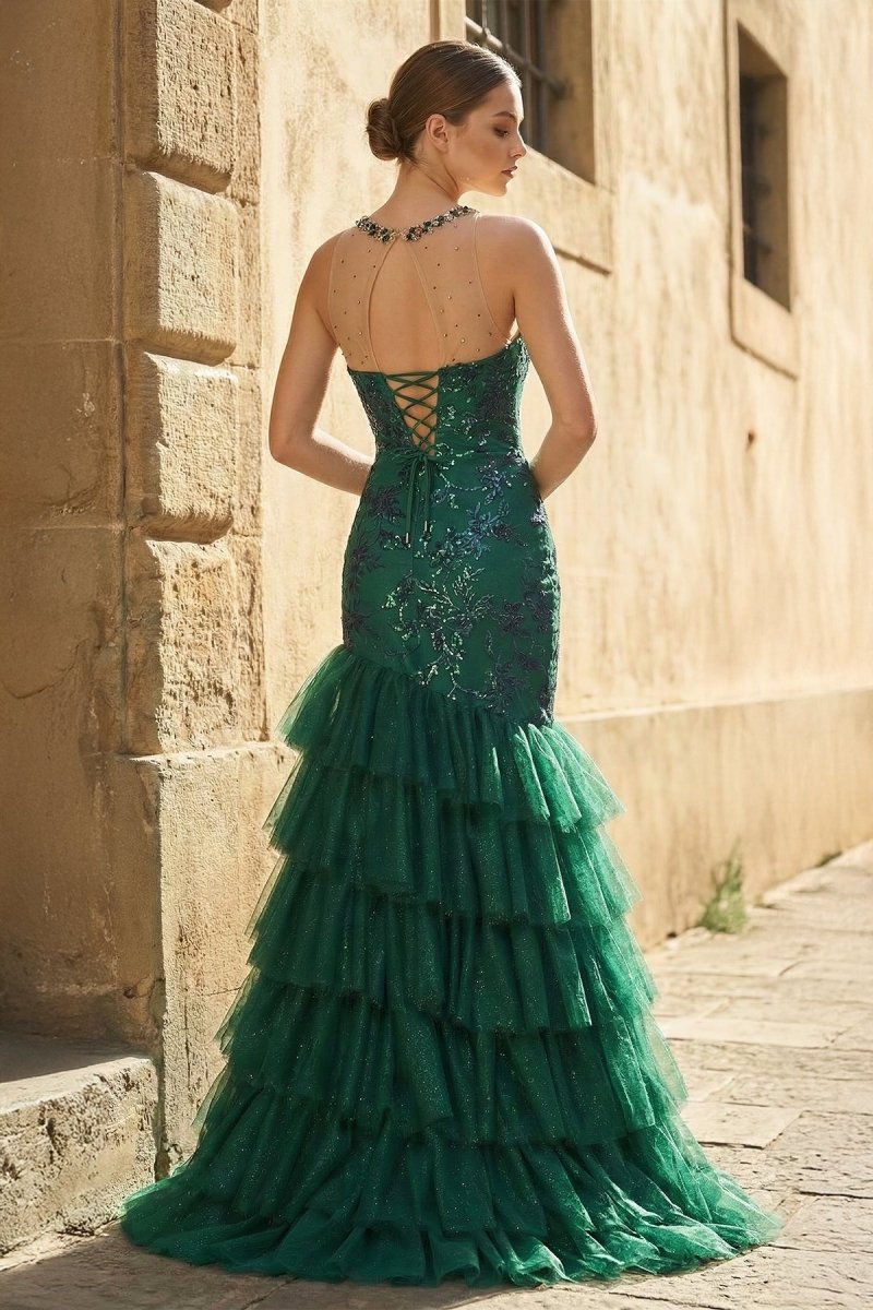Emerald Illusion Neck Mermaid Tulle Ruffled Long Prom Dress