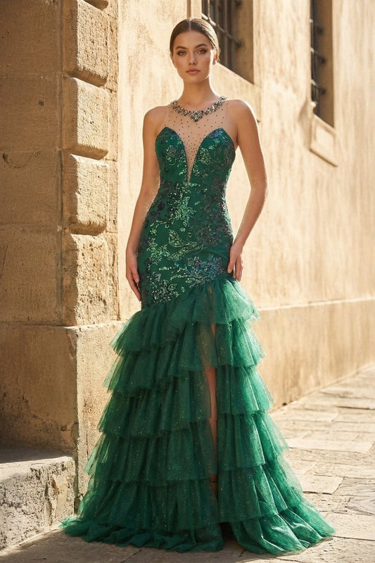 Emerald Illusion Neck Mermaid Tulle Ruffled Long Prom Dress