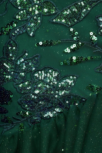 Emerald Illusion Neck Mermaid Tulle Ruffled Long Prom Dress