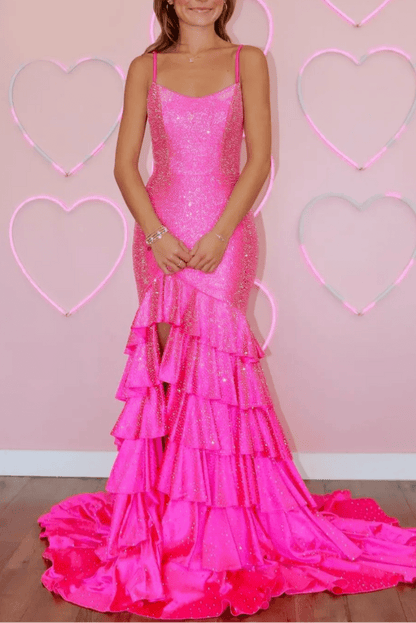 Scoop-Neck Spaghetti Straps Sleeveless Beaded Satin Long Tiered Mermaid Prom Dress with Slit