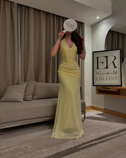 Fashion Yellow Halter Beadede Mermaid Sleeveless Floor-Length Evening Dress