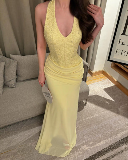 Fashion Yellow Halter Beadede Mermaid Sleeveless Floor-Length Evening Dress