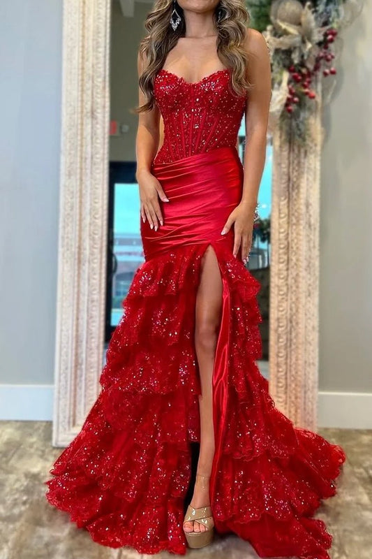 Red Strapless V-Neck Mermaid Pleated Layered Long Prom Dress With Slit