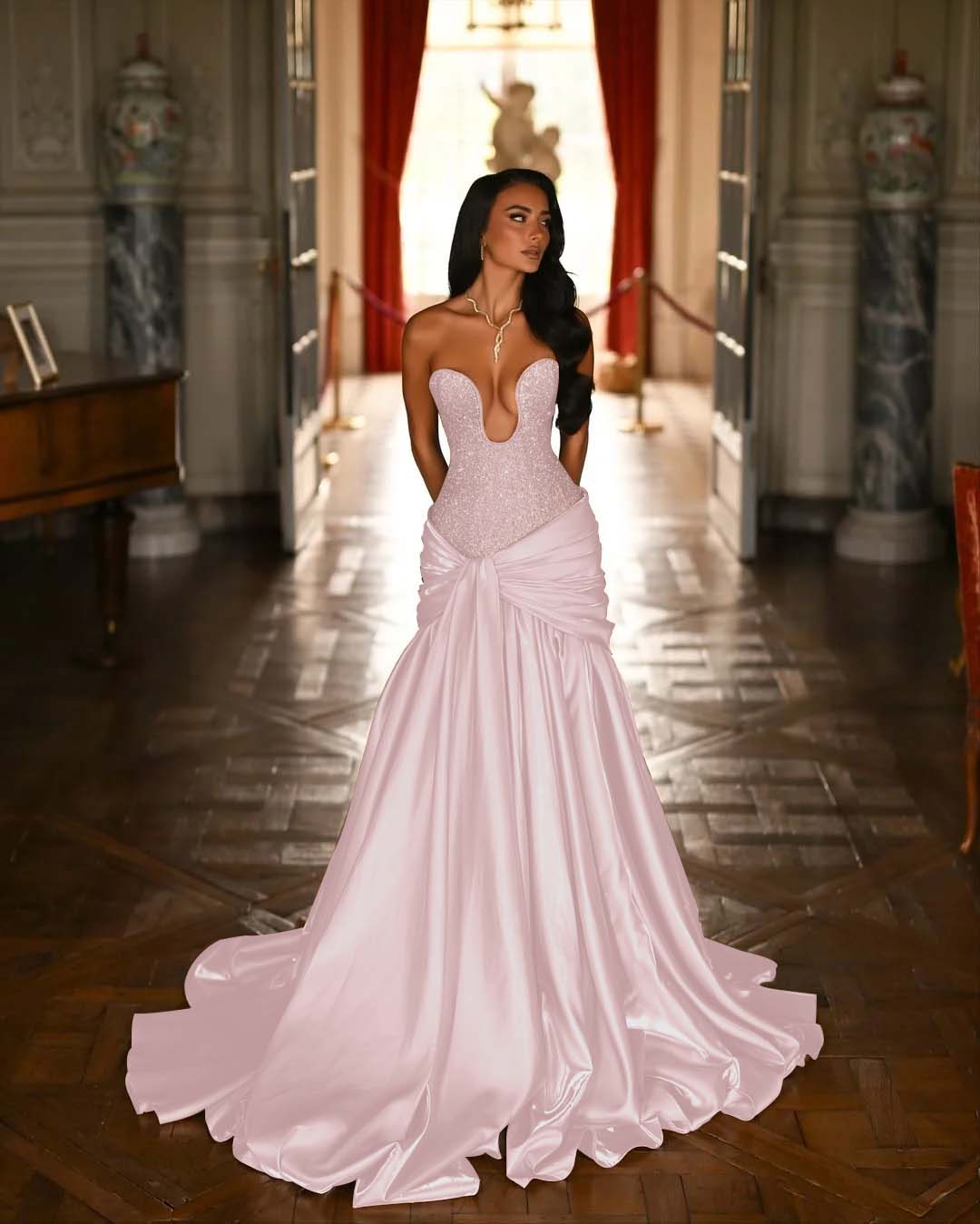 V-Neck Strapless Sleeveless Long Pleated Mermaid Prom Dress With Ruffles And Beadings