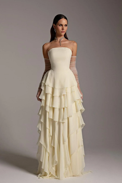 Chiffon Strapless Ruffles Elegant Prom Dress With Tulle Gloves