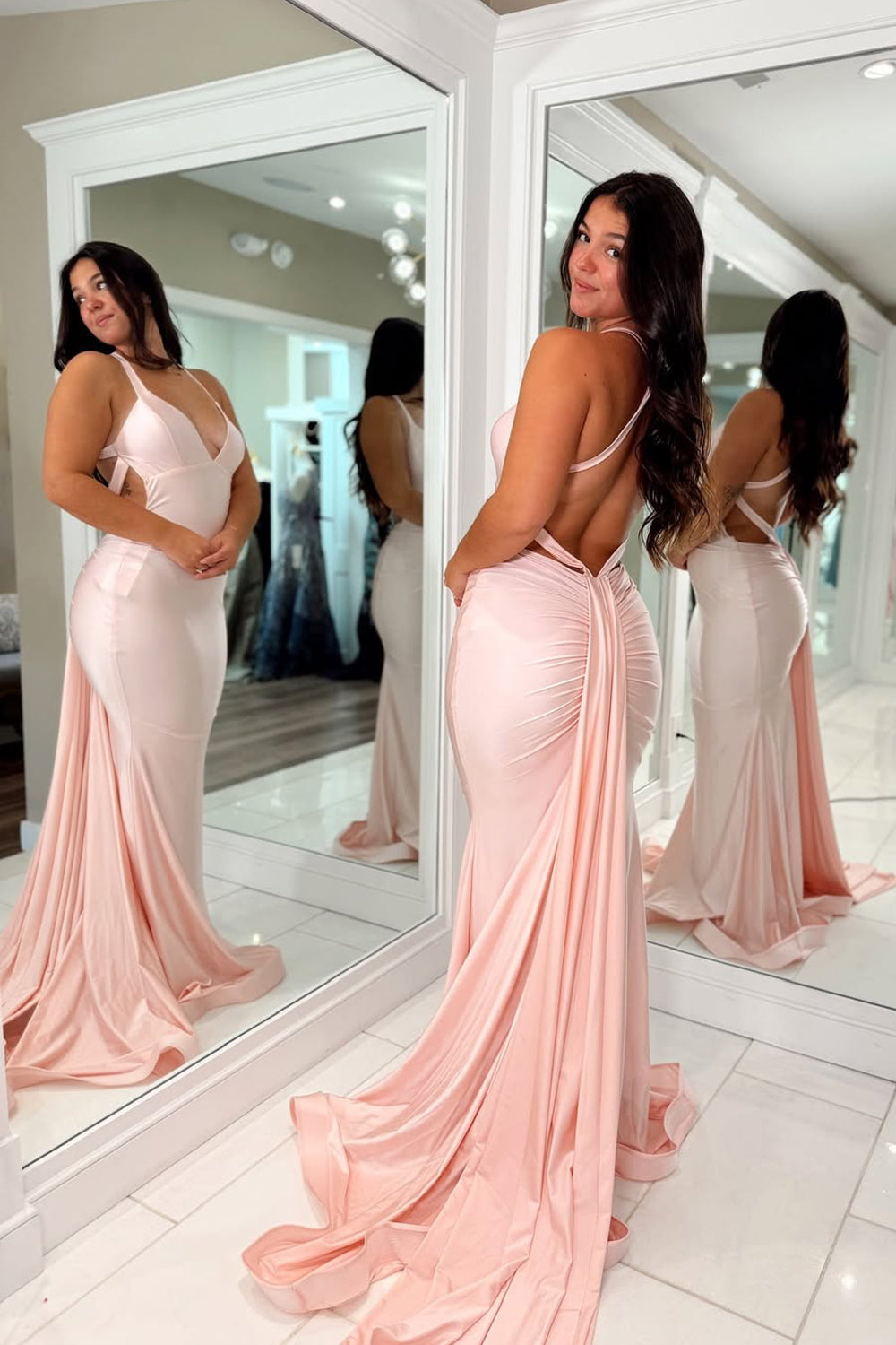 Mermaid V Neck Pink Stretch Satin Long Prom Dress
