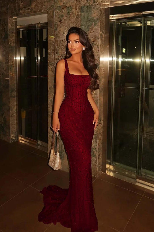 Spaghetti Strap Sleeveless Long Mermaid Evening Formal Dress With Beading