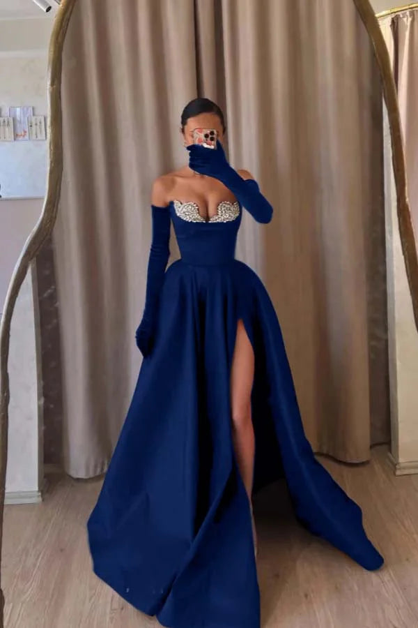 Formal Black Strapless Split Beaded A-Line Prom Dress With Velvet Gloves