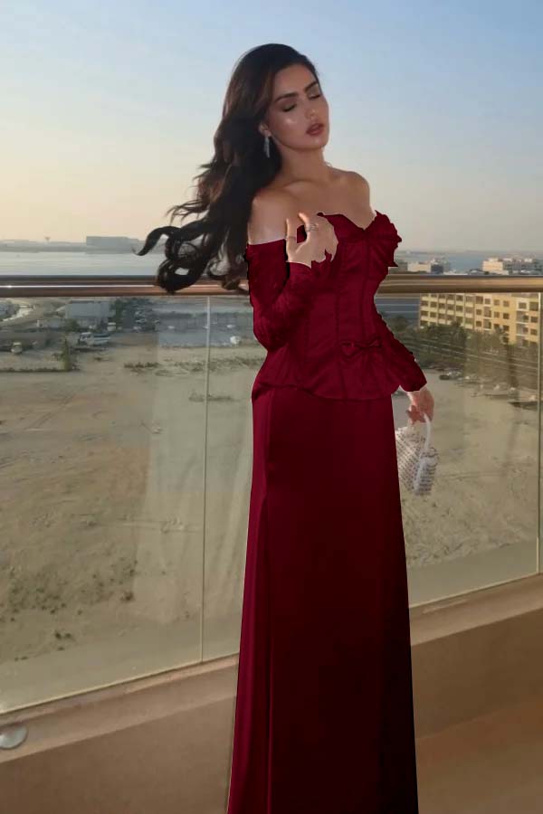 Sweetheart Strapless Long Sleeves Long Prom Dress With Bow And Beadings