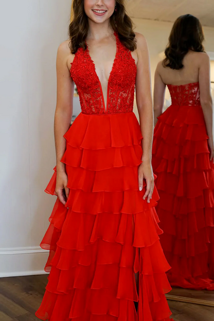 Halter A-Line V-Neck Empire-Waist Layered Chiffon Prom Dress