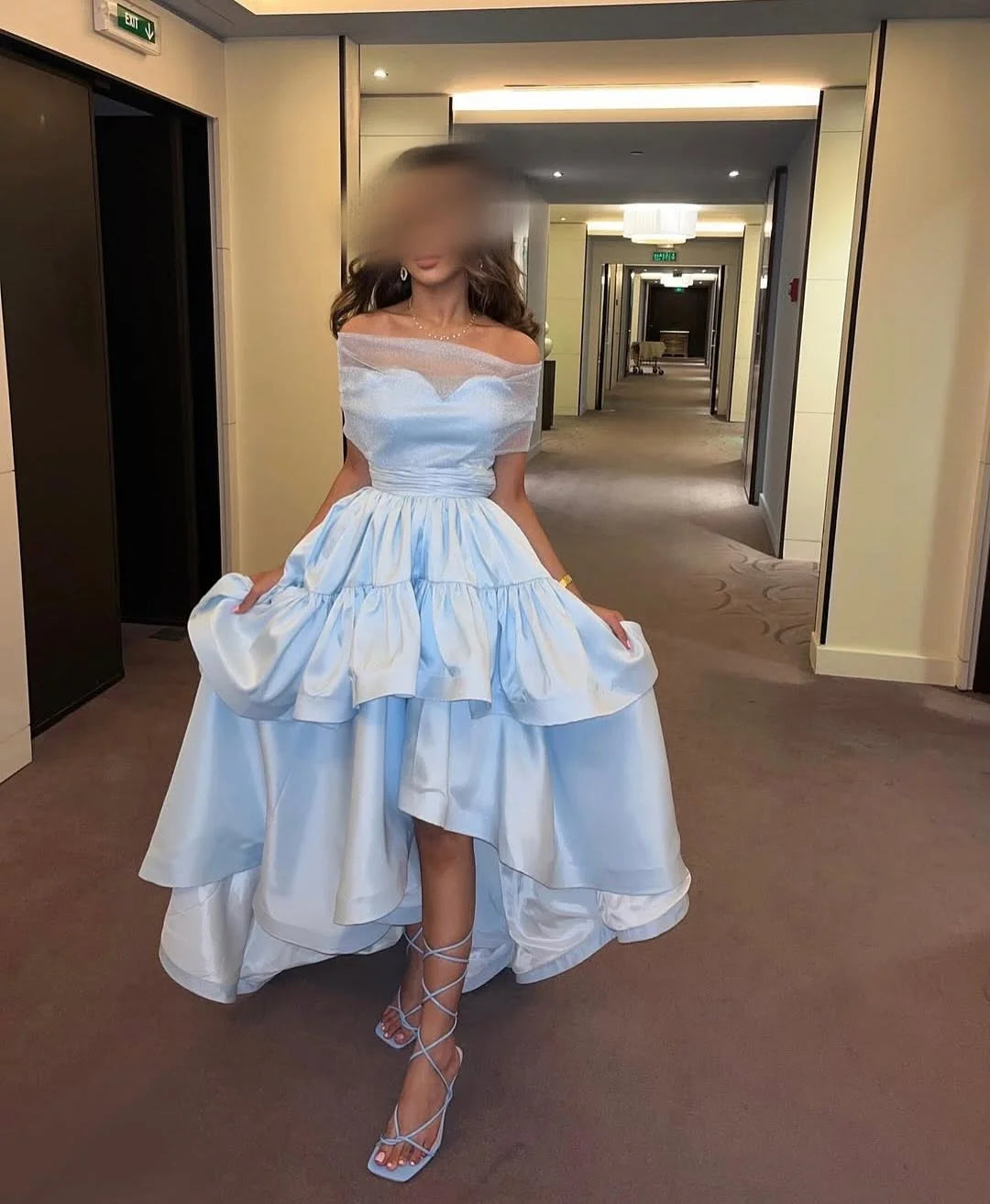 Light Blue Off-The-Shoulder Sweetheart Ruffles Prom Dress