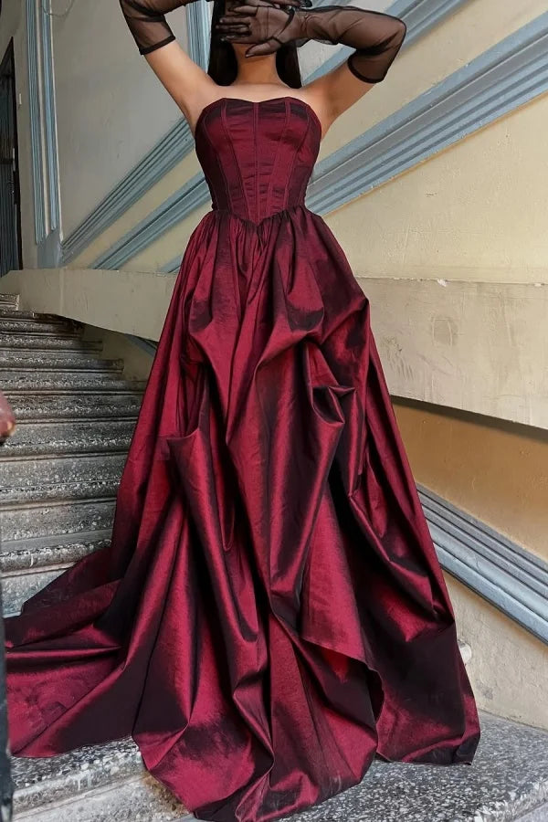 Glamorous Strapless Burgundy A-Line  Prom Dress With Gloves