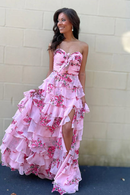 Fairy A Line Pink Chiffon Floral Print Satin Prom Dress with Slit
