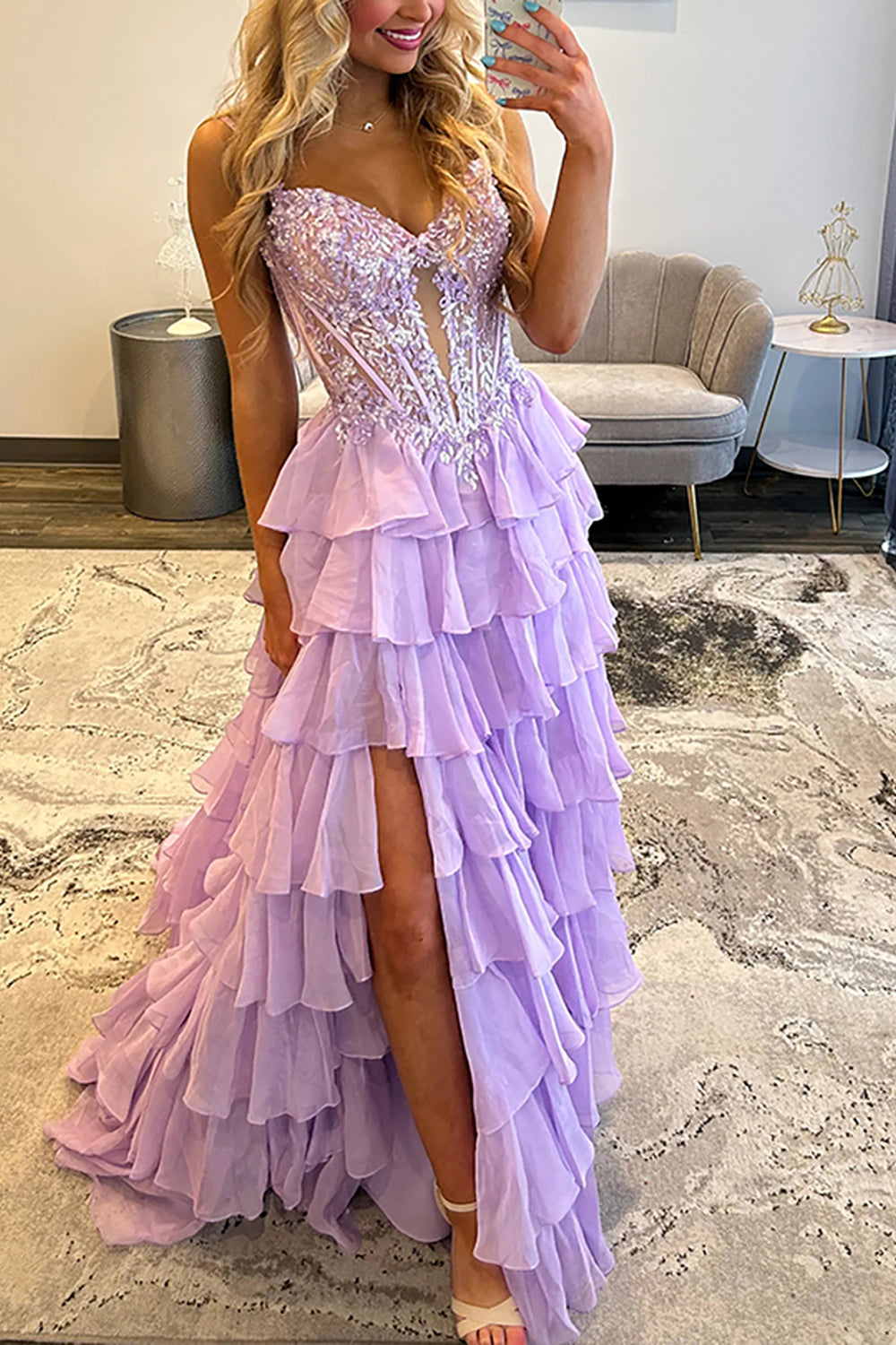 A-Line Spaghetti straps Lilac Ruffle Tiered Chiffon Long Prom Dress
