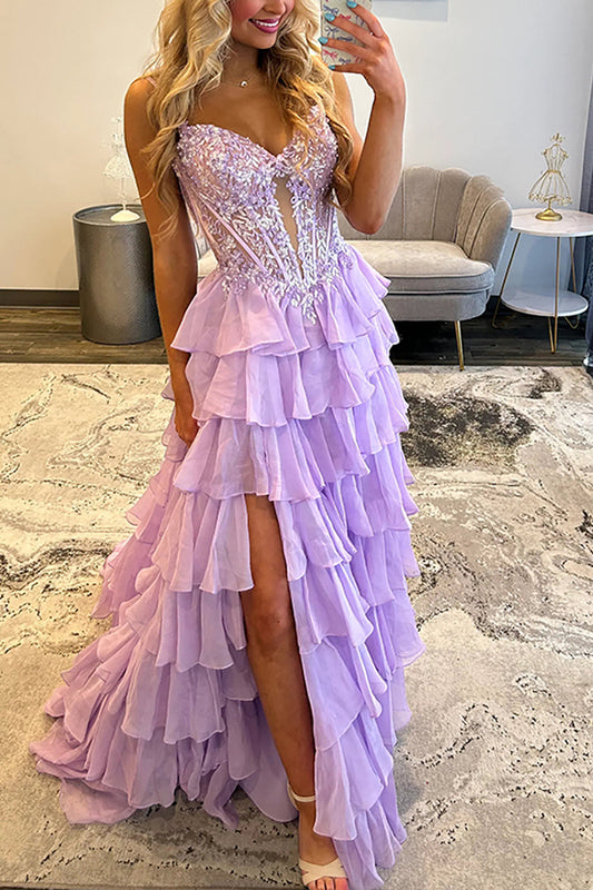 A-Line Spaghetti straps Lilac Ruffle Tiered Chiffon Long Prom Dress