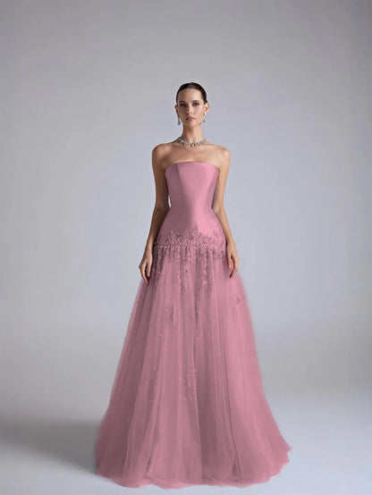 Strapless Sleeveless Long Pleated A-Line Prom Dress With Flower Appliqués