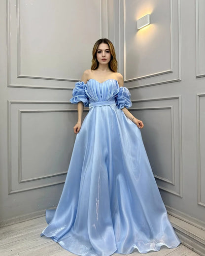Blue Off-The-Shoulder Bright Tulle Long Prom Dress