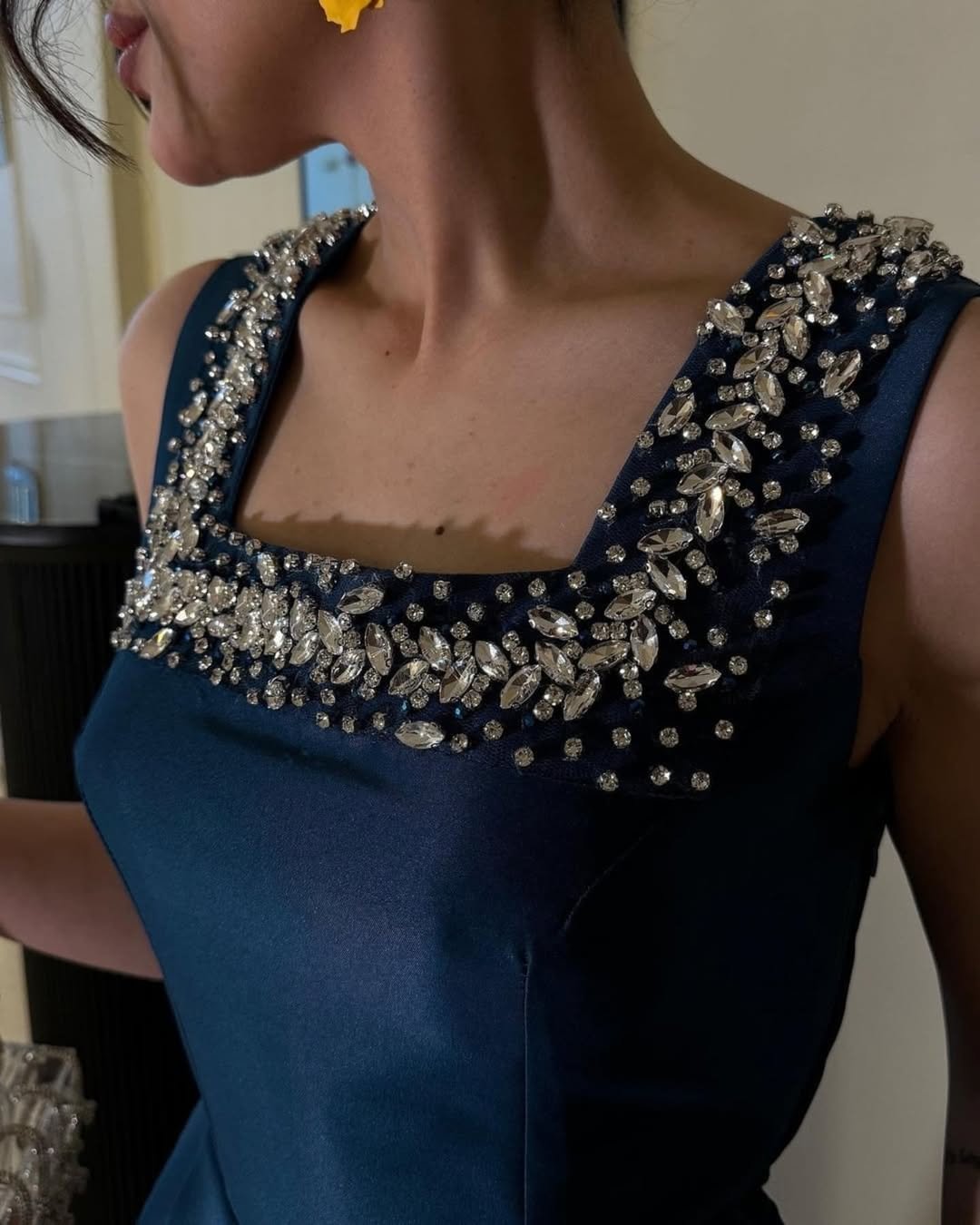 Ink Blue Beaded Square-Neck Split Prom Dress