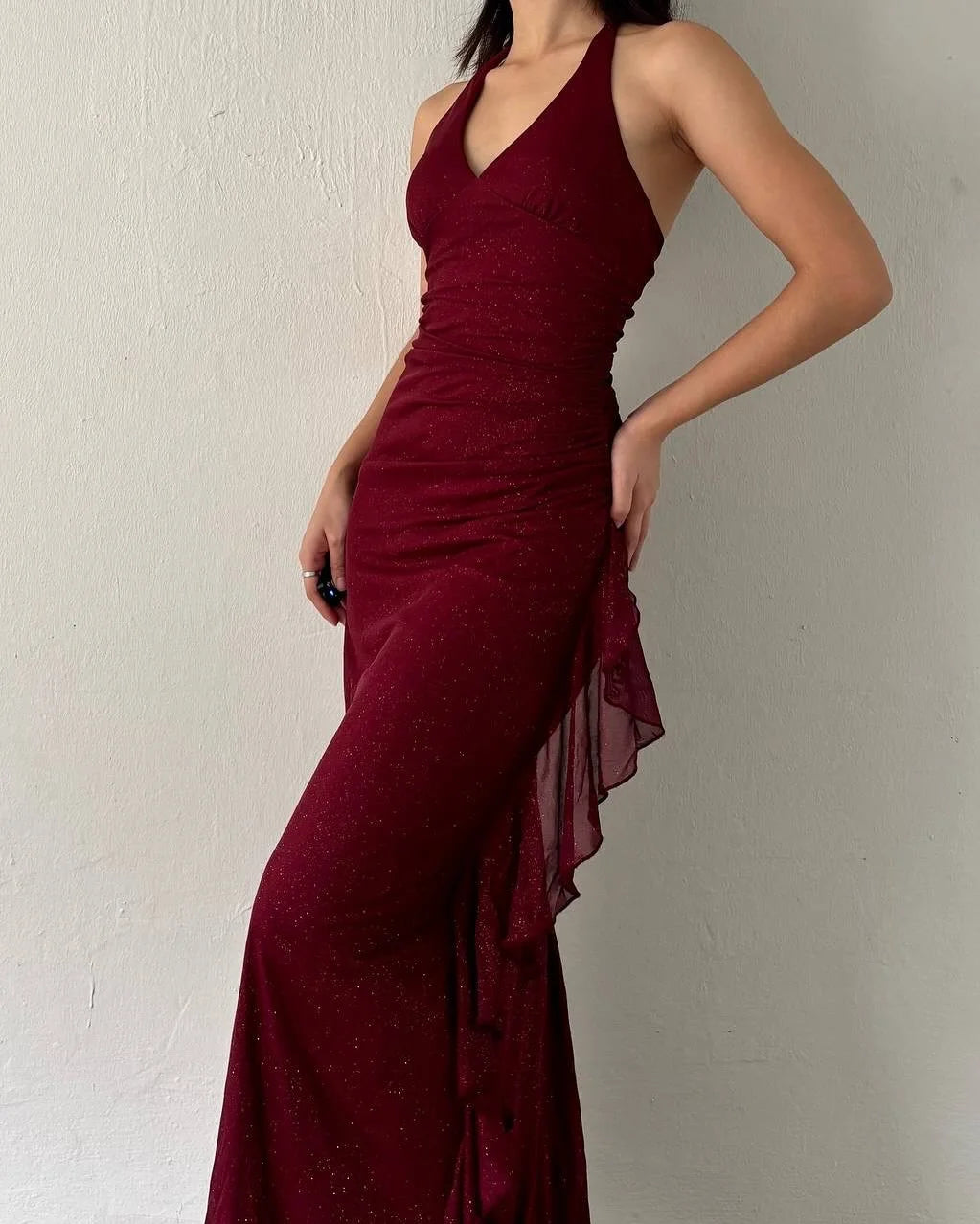 Charming V-Neck Halter Burgundy Ruffles Prom Dress ZT0740