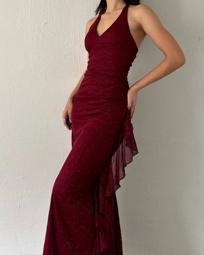 Charming V-Neck Halter Burgundy Ruffles Prom Dress ZT0740