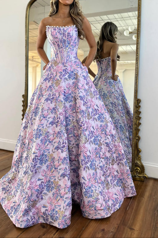 Cute A Line Scoop Neck Jacquard Satin Prom Dress with Pearls