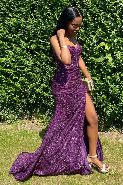 Sexy Mermaid Spaghetti Straps Grape Sequins With Slit