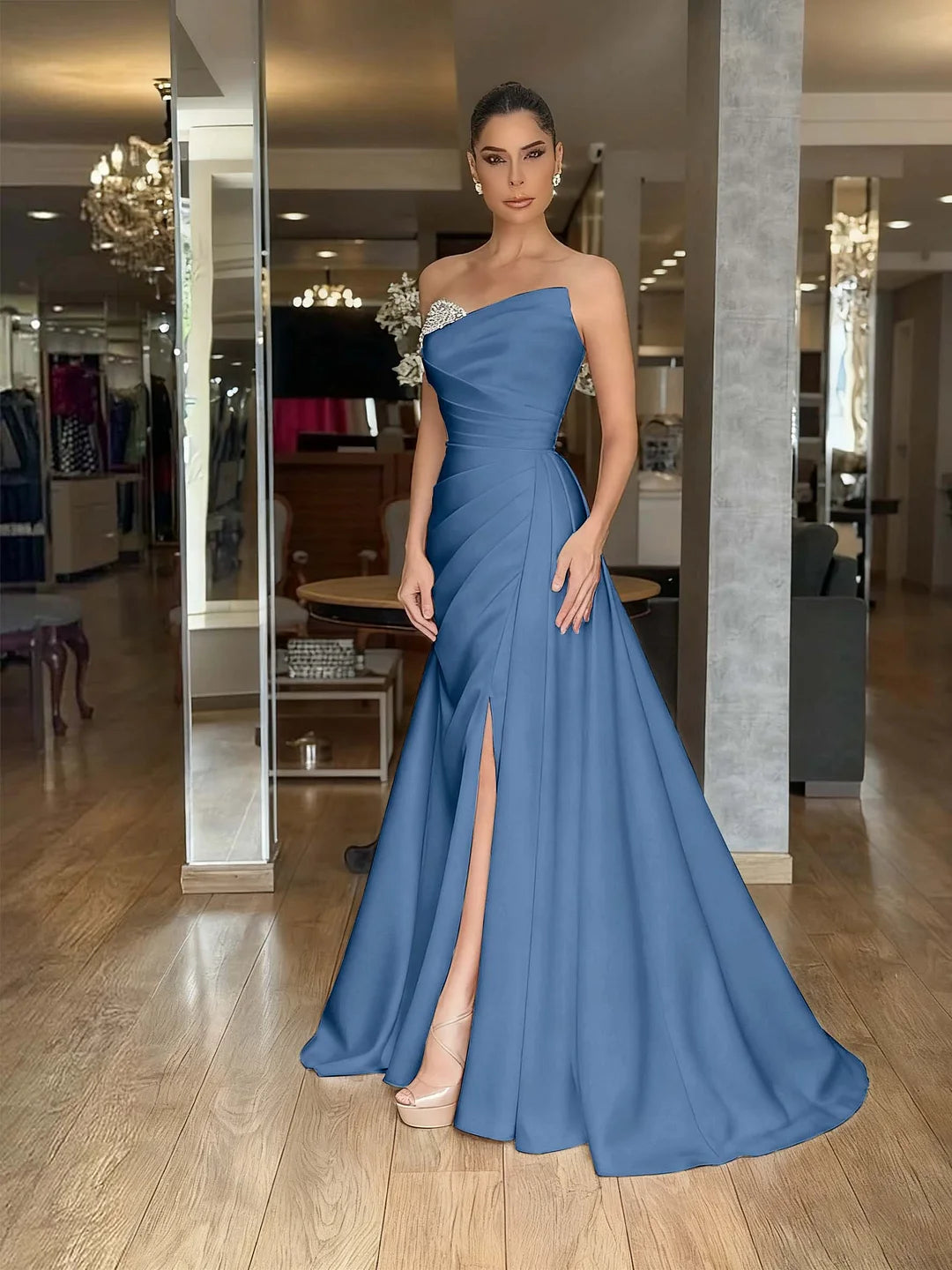 Red Strapless Beaded Pleated Long Prom Dress