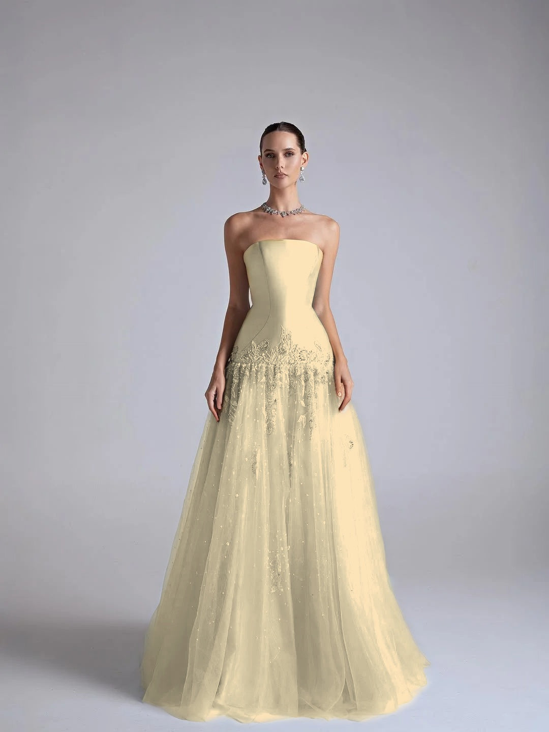 Strapless Sleeveless Long Pleated A-Line Prom Dress With Flower Appliqués