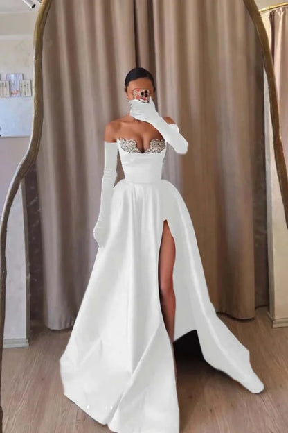 Formal Black Strapless Split Beaded A-Line Prom Dress With Velvet Gloves