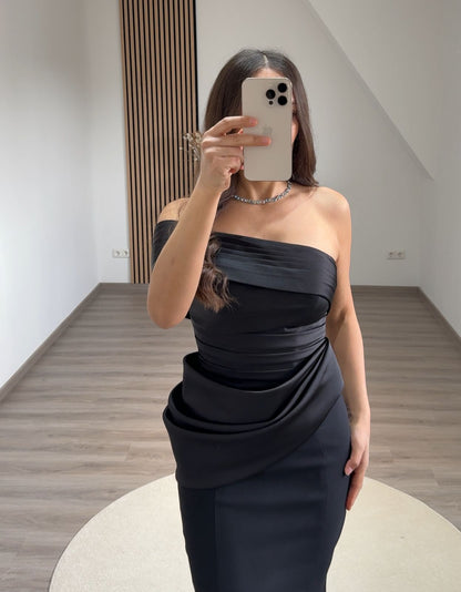 Off-Shoulder Pearls Satin Evening Dress