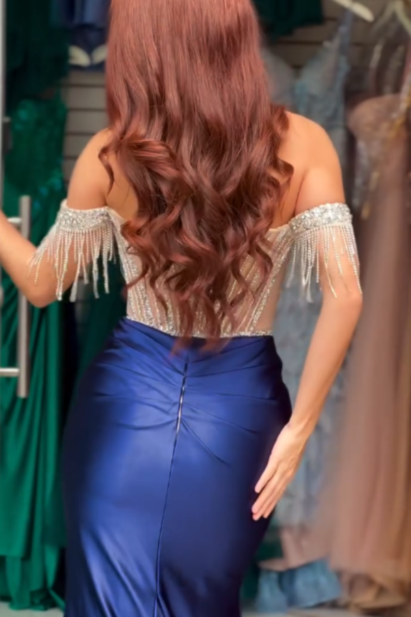 Navy Blue Beaded Split Off-The-Shoulder Prom Dress