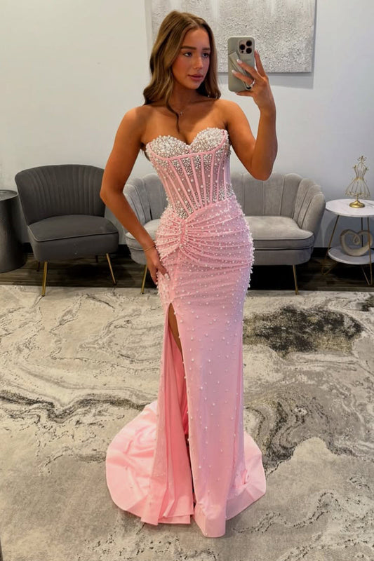 Gorgeous Mermaid Sweetheart Pink Prom Dress with Beading