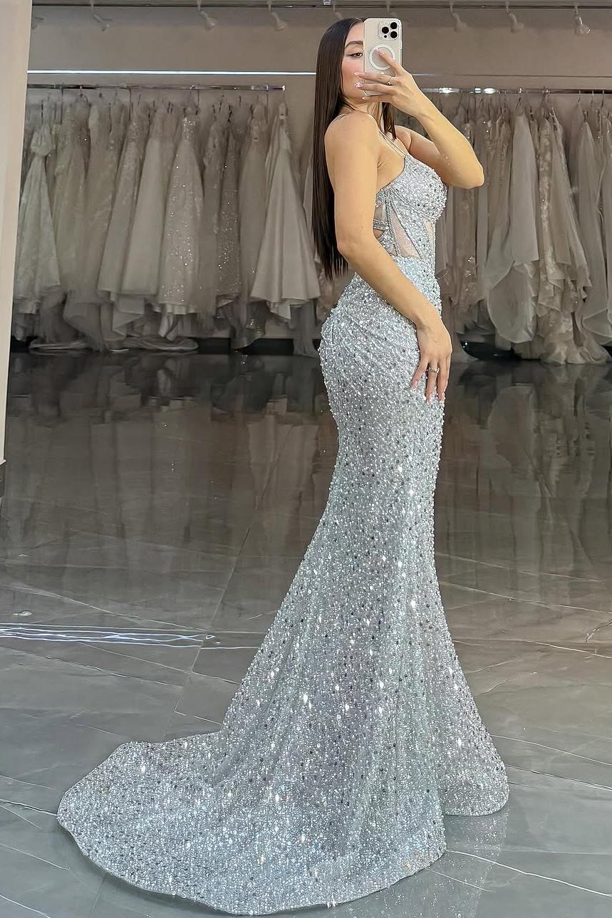 Spaghetti Strap Sleeveless Long Mermaid Evening Formal Dress With Sequined